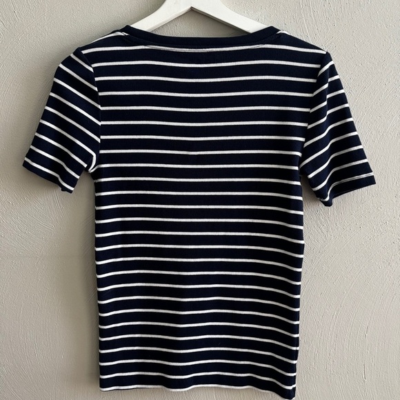 LOFT Striped Scoop Neck Short Sleeve Ribbed Top  Blue & White Med - Picture 3 of 9